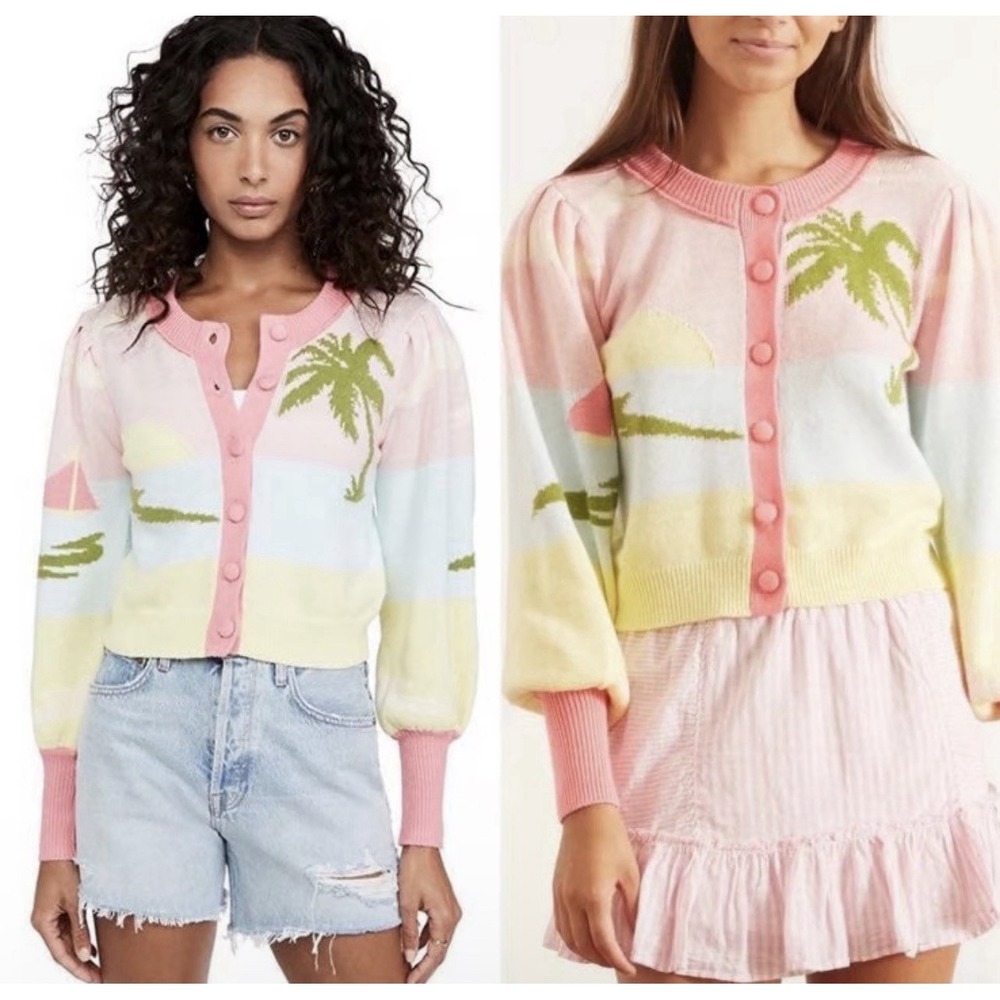LoveShackFancy Sunset Palm Cardigan Crop Pink Pastel Beach Cottagecore Sz S $420